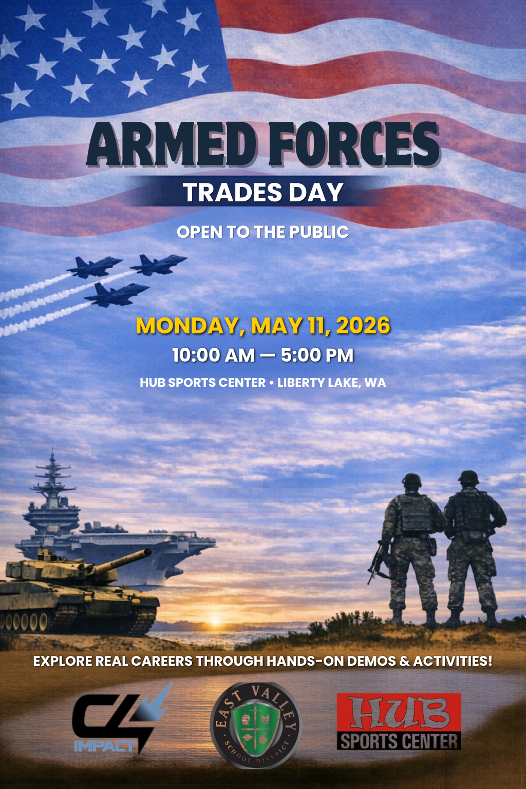 Armed Forces Trades Day flyer — Monday May 11 2026 at HUB Sports Center, Liberty Lake WA